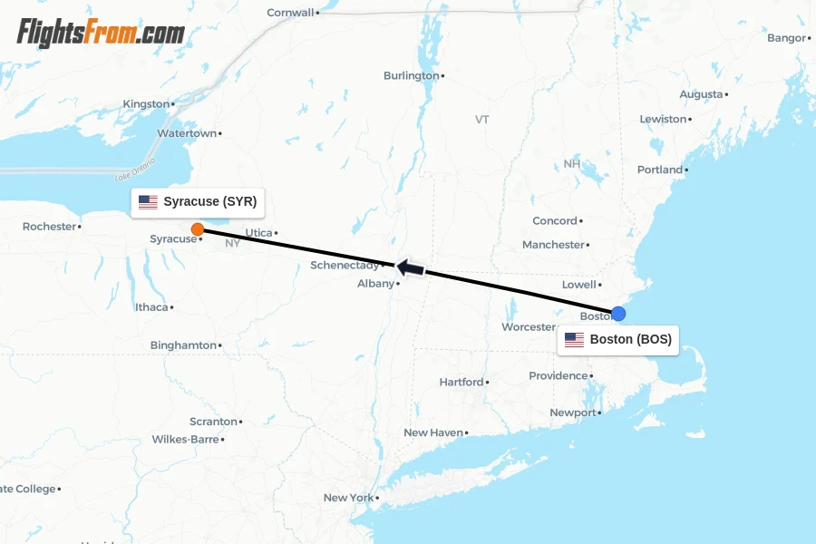 Flights from Boston to Syracuse route map