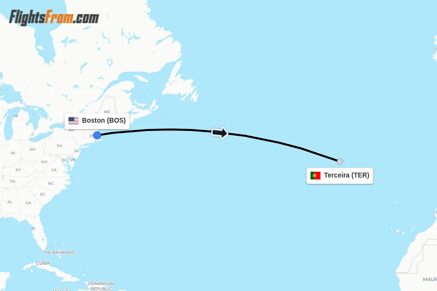 Flights from Boston to Terceira route map