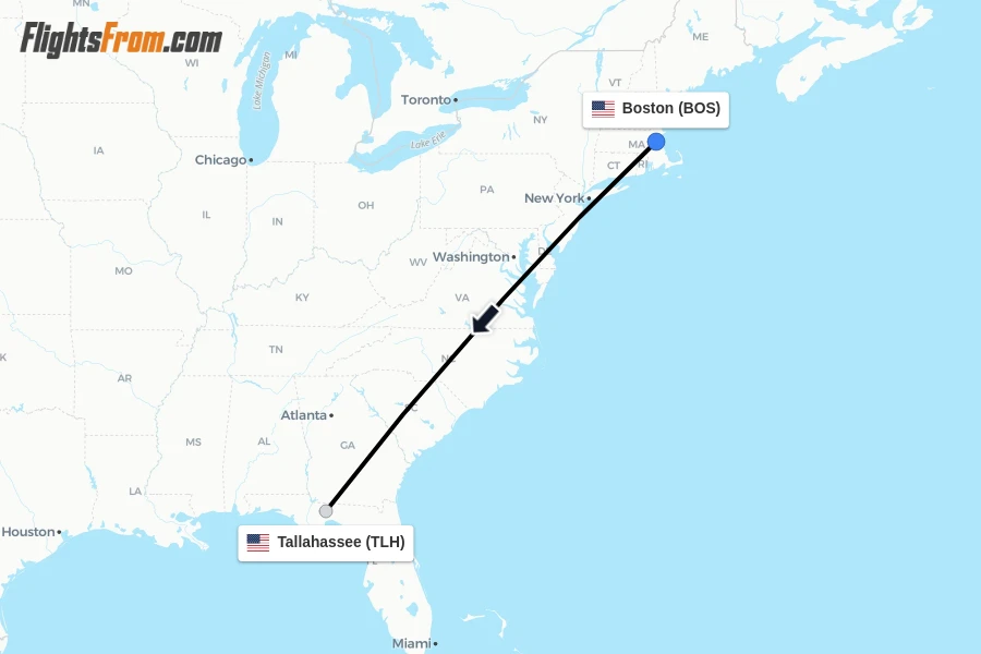 Flights from Boston to Tallahassee route map