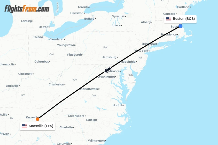 Flights from Boston to Knoxville route map