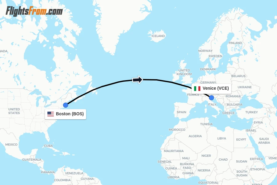 Flights from Boston to Venice route map