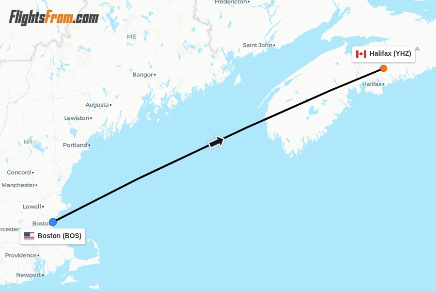 Flights from Boston to Halifax route map