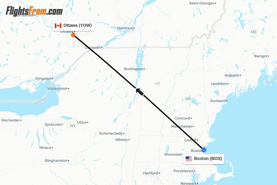 Flights from Boston to Ottawa route map