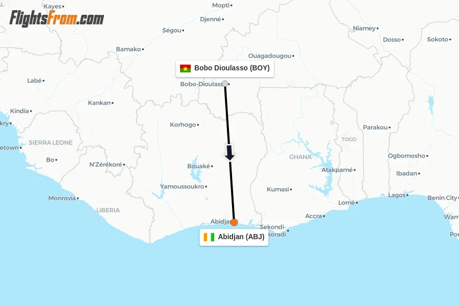 Flights from Bobo Dioulasso to Abidjan route map