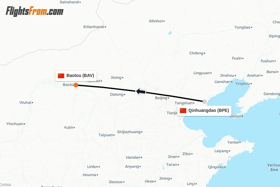 Flights from Qinhuangdao to Baotou route map