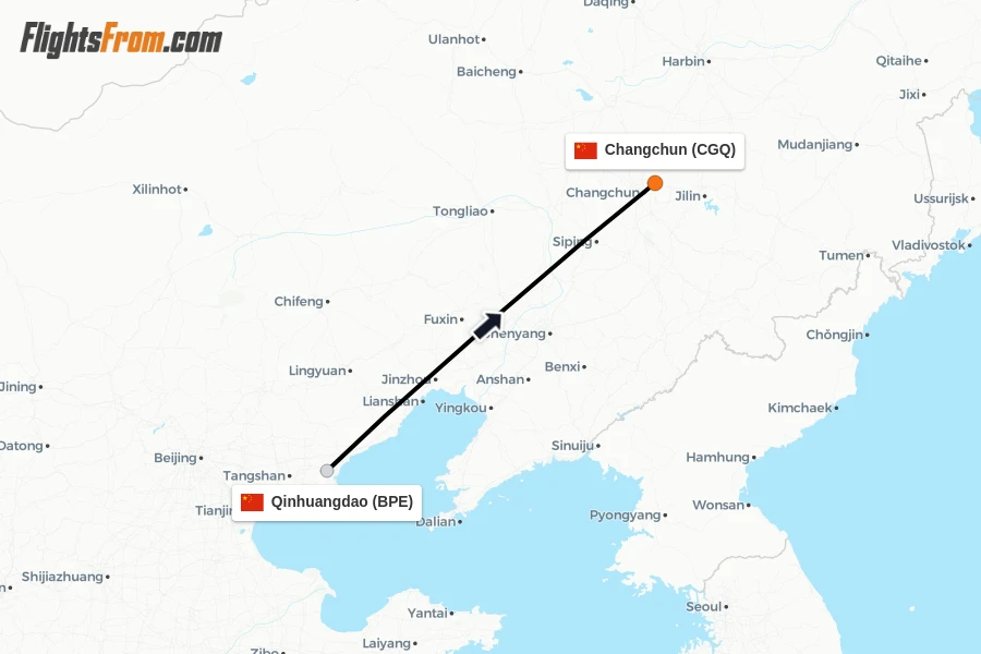 Flights from Qinhuangdao to Changchun route map
