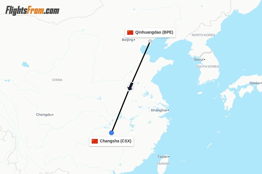 Flights from Qinhuangdao to Changsha route map