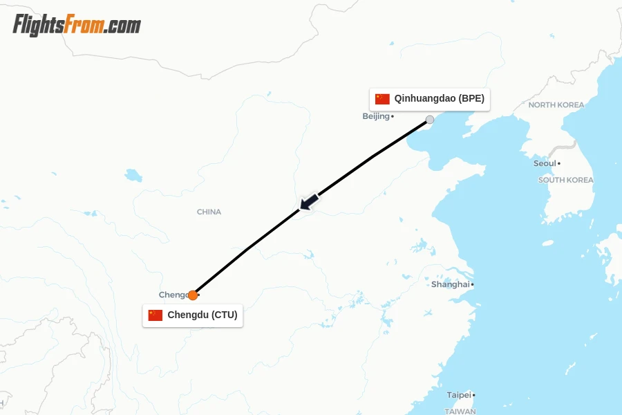 Flights from Qinhuangdao to Chengdu route map
