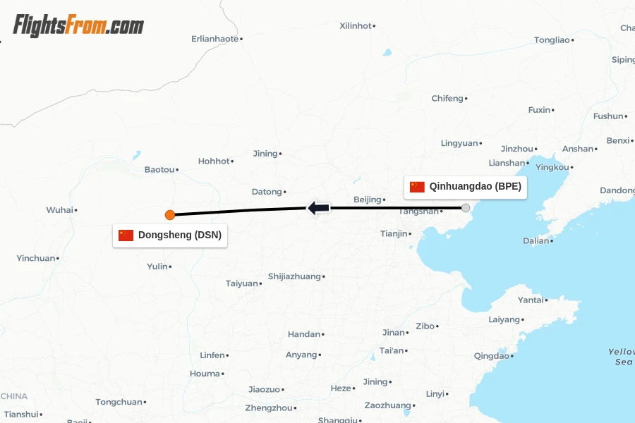 Flights from Qinhuangdao to Dongsheng route map