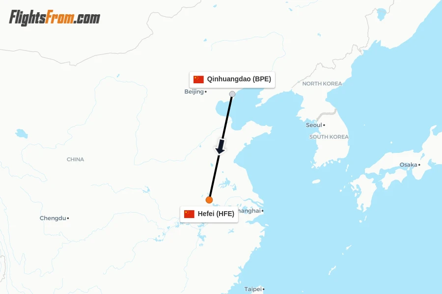 Flights from Qinhuangdao to Hefei route map