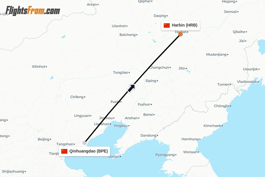 Flights from Qinhuangdao to Harbin route map