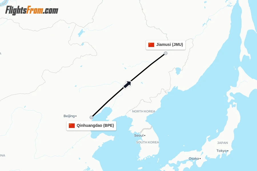 Flights from Qinhuangdao to Jiamusi route map