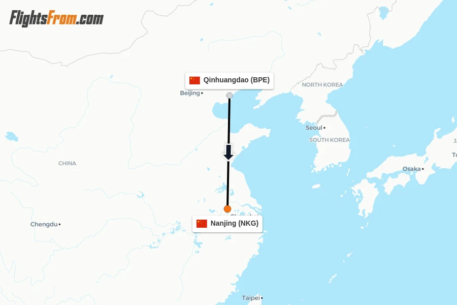 Flights from Qinhuangdao to Nanjing route map