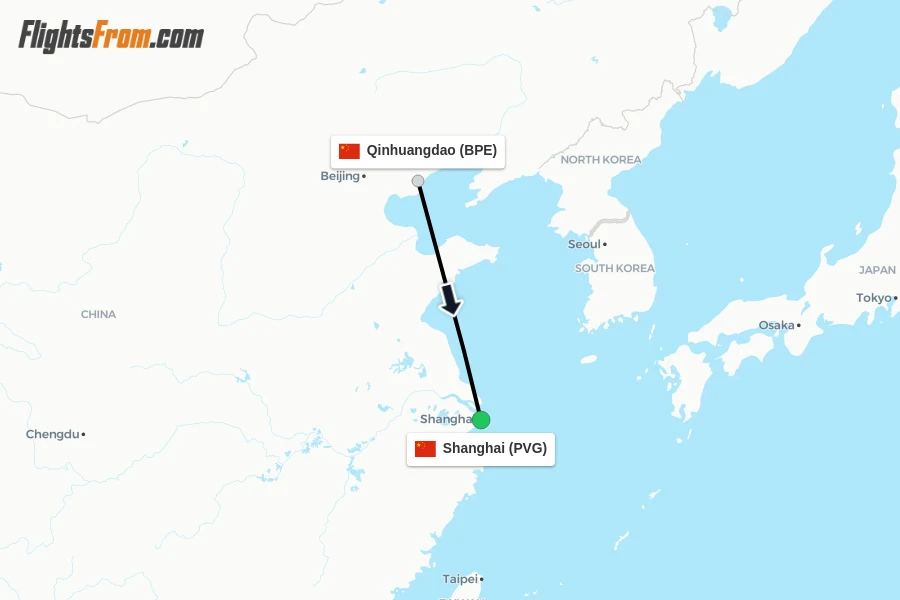 Flights from Qinhuangdao to Shanghai route map