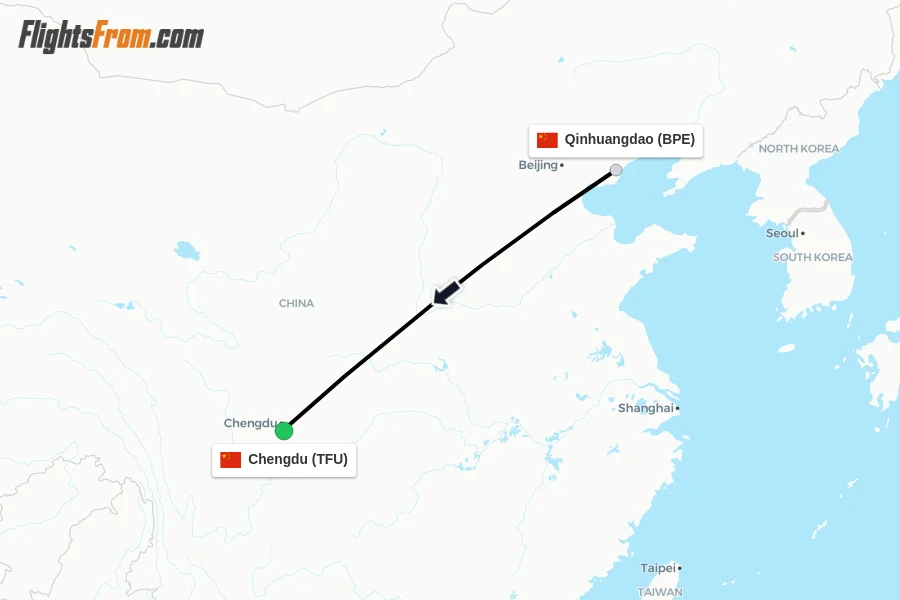 Flights from Qinhuangdao to Chengdu route map
