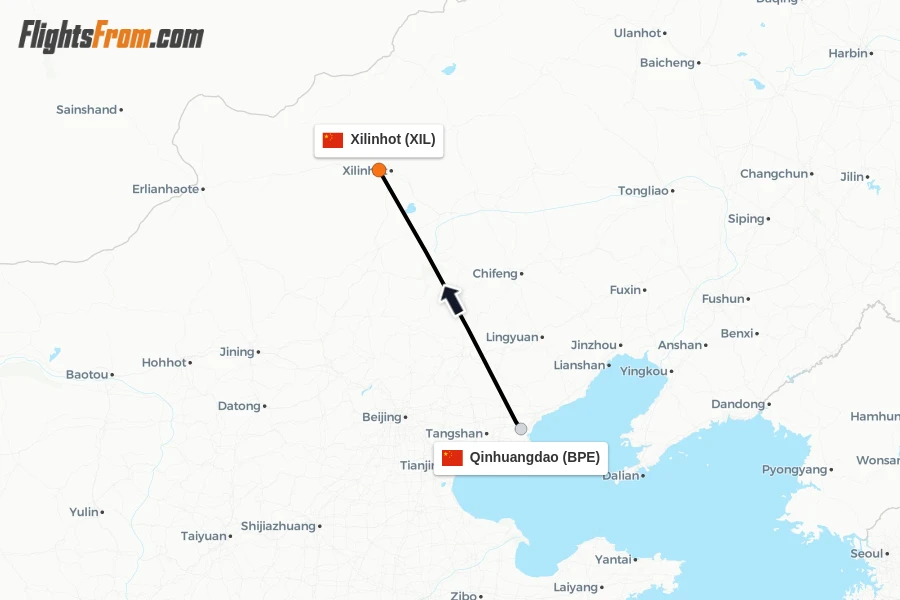 Flights from Qinhuangdao to Xilinhot route map