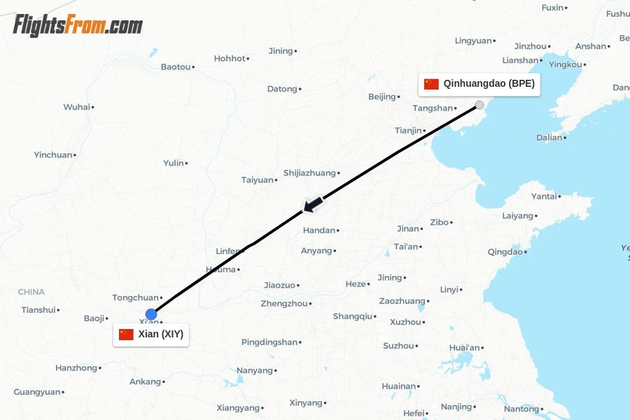 Flights from Qinhuangdao to Xian route map