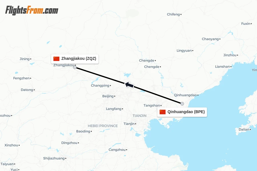 Flights from Qinhuangdao to Zhangjiakou route map
