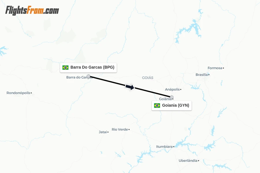 Flights from Barra Do Garcas to Goiania route map