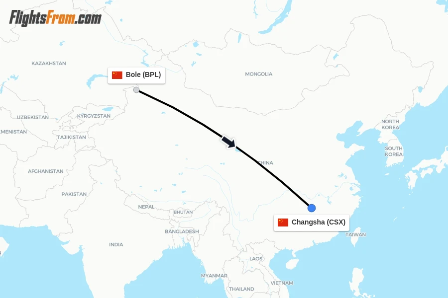Flights from Bole to Changsha route map