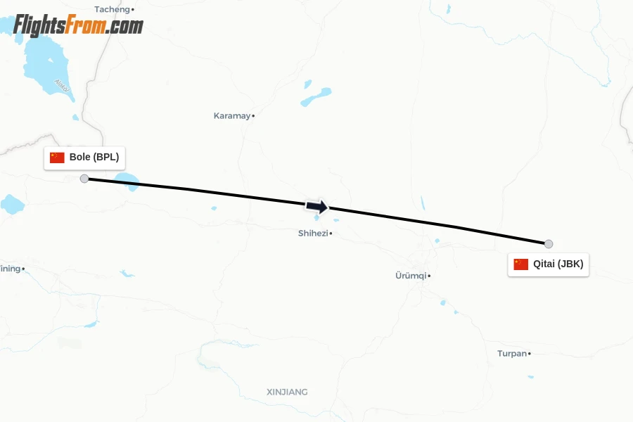 Flights from Bole to Qitai route map