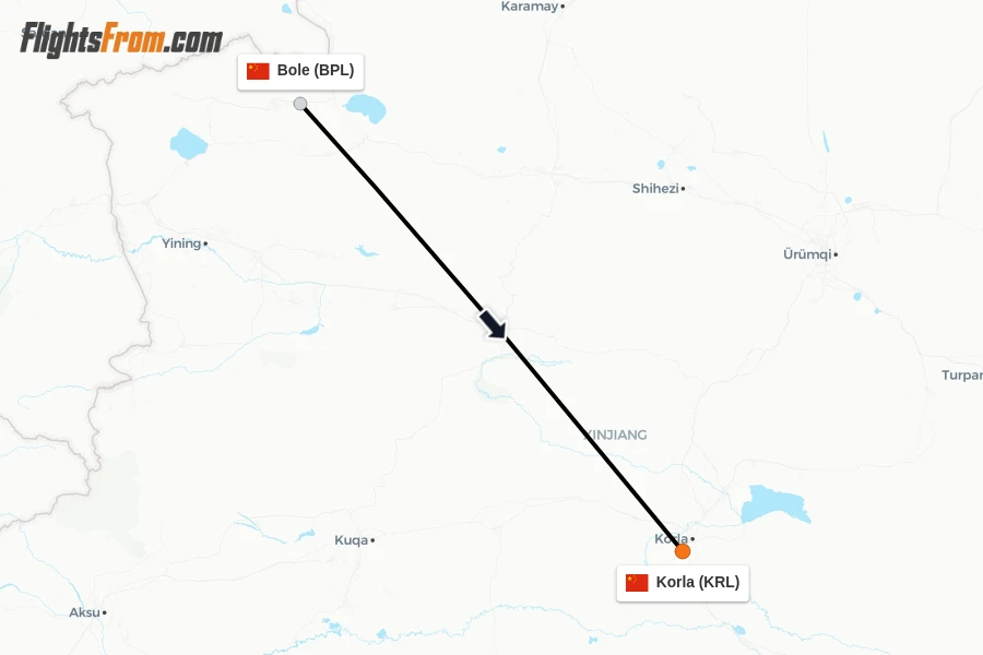 Flights from Bole to Korla route map
