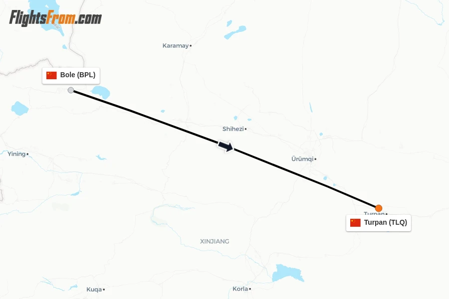 Flights from Bole to Turpan route map