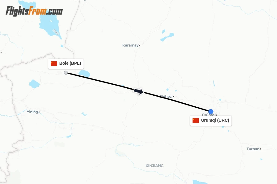 Flights from Bole to Urumqi route map