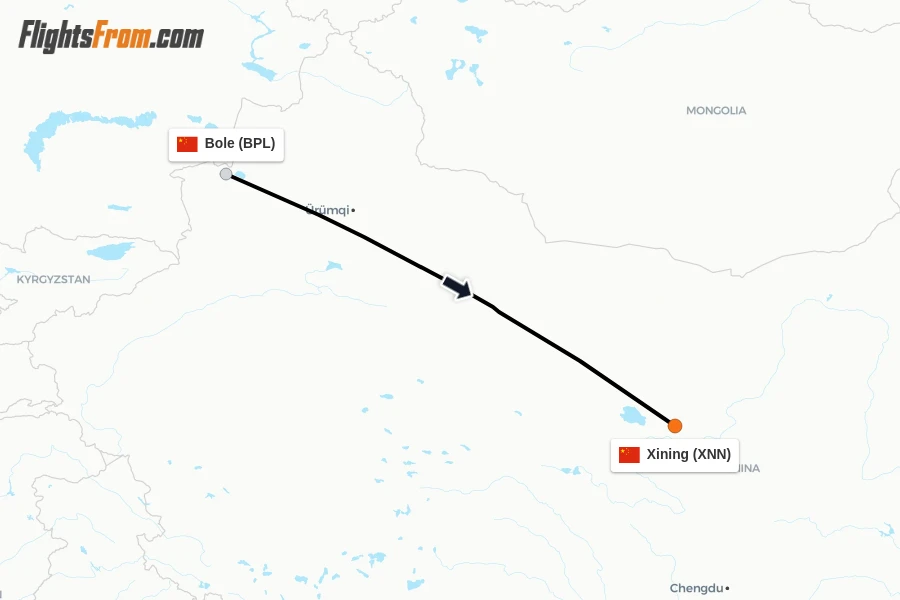 Flights from Bole to Xining route map