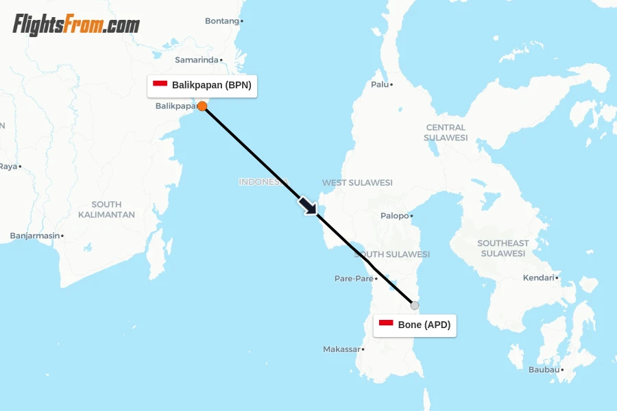 Flights from Balikpapan to Bone route map