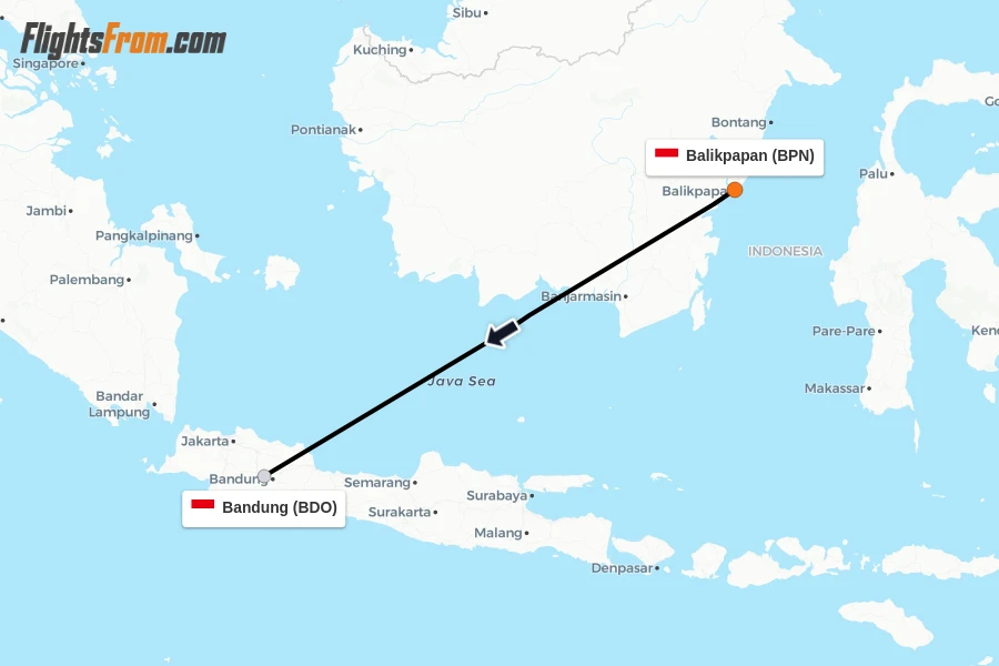 Flights from Balikpapan to Bandung route map