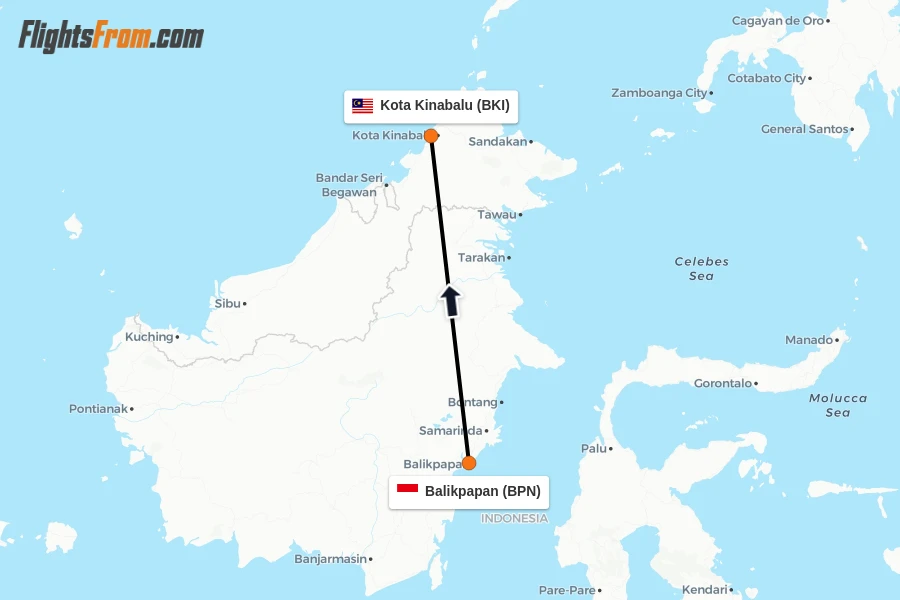 Flights from Balikpapan to Kota Kinabalu route map