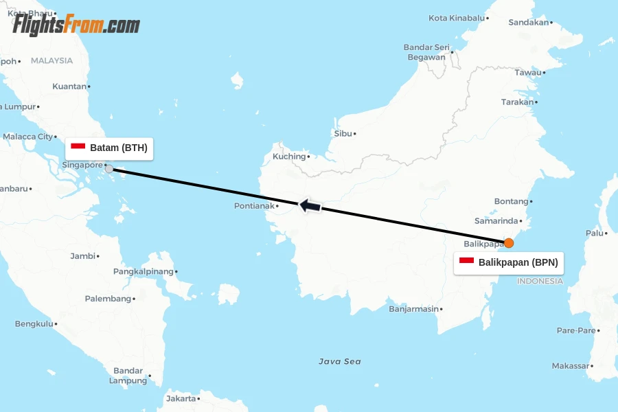 Flights from Balikpapan to Batam route map