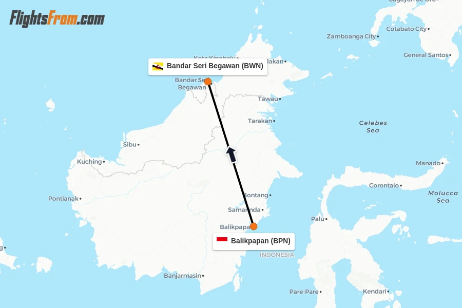 Flights from Balikpapan to Bandar Seri Begawan route map
