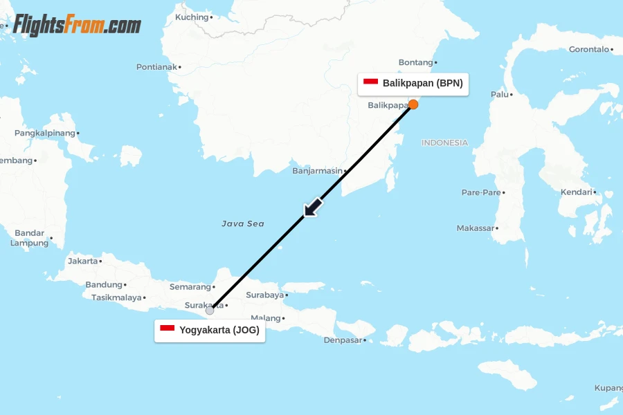 Flights from Balikpapan to Yogyakarta route map