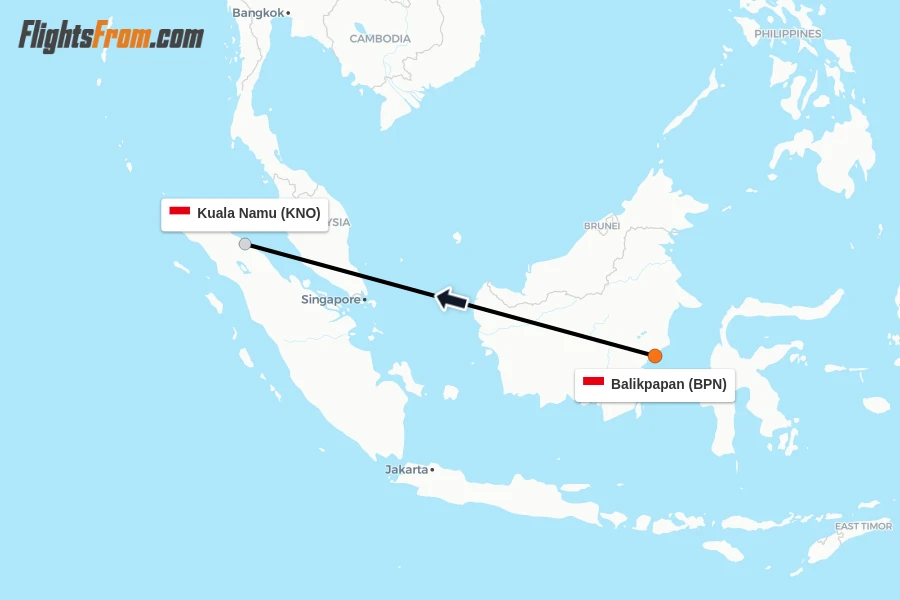 Flights from Balikpapan to Kuala Namu route map