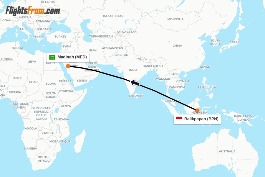 Flights from Balikpapan to Madinah route map