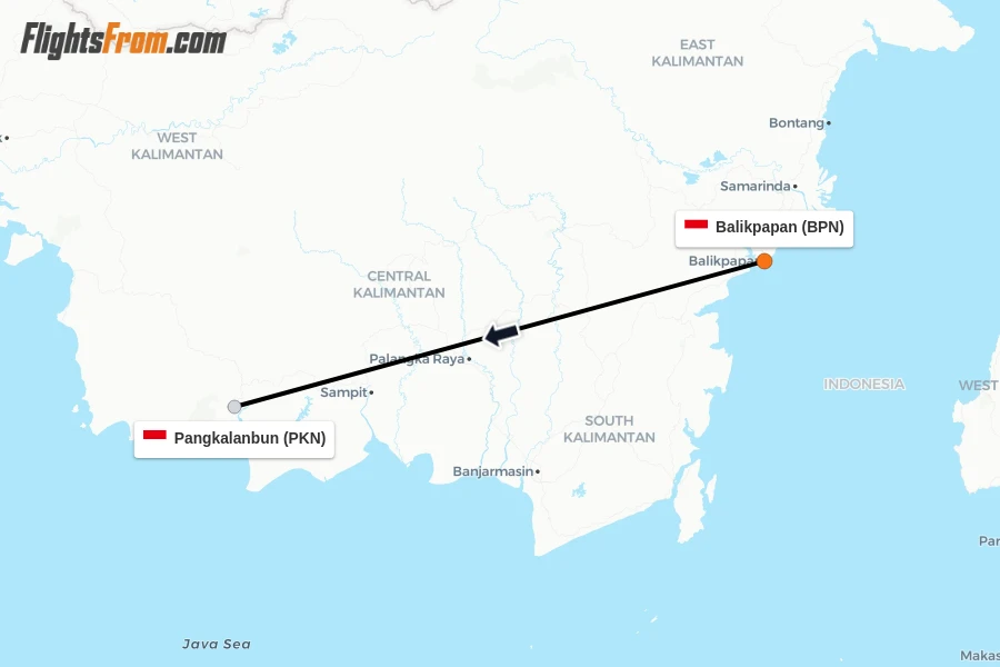 Flights from Balikpapan to Pangkalanbun route map