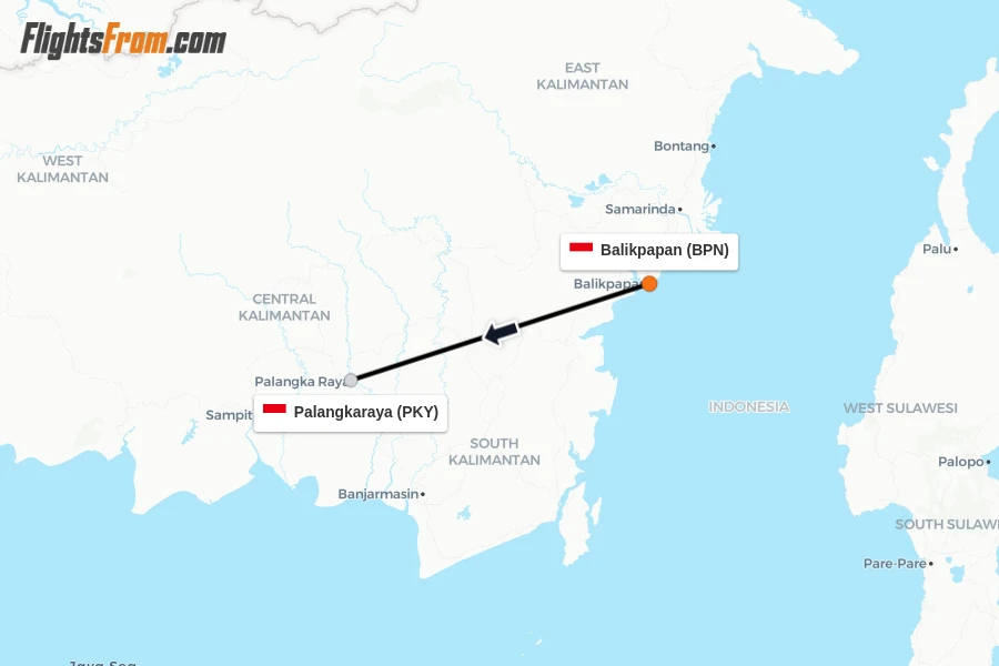 Flights from Balikpapan to Palangkaraya route map