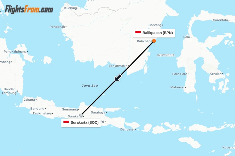 Flights from Balikpapan to Surakarta route map