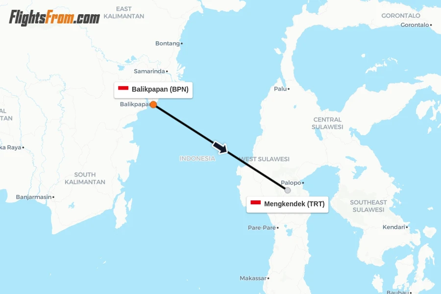 Flights from Balikpapan to Mengkendek route map