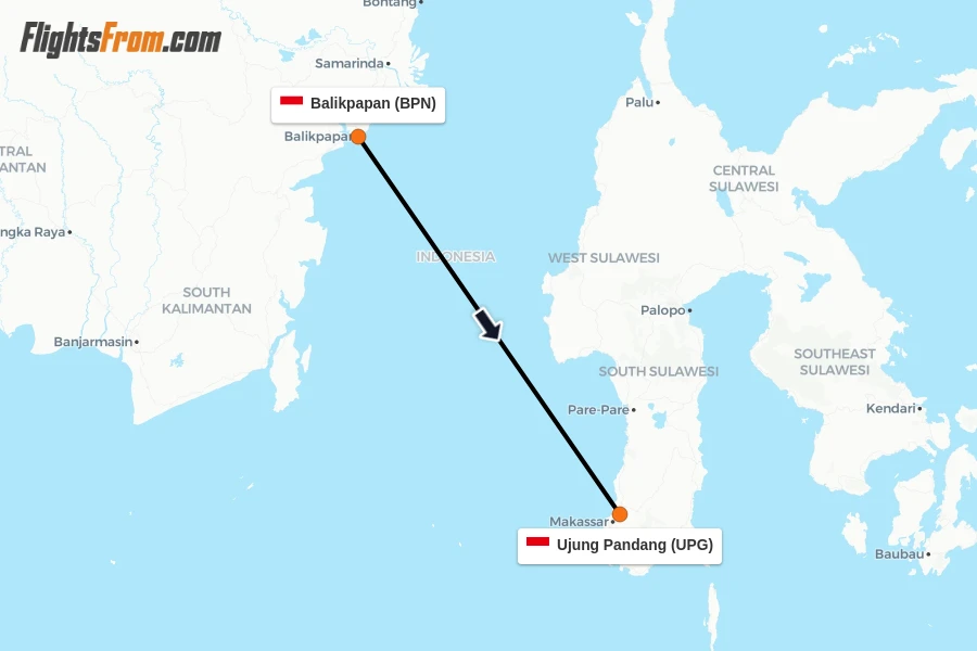 Flights from Balikpapan to Ujung Pandang route map