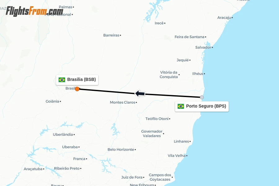Flights from Porto Seguro to Brasilia route map