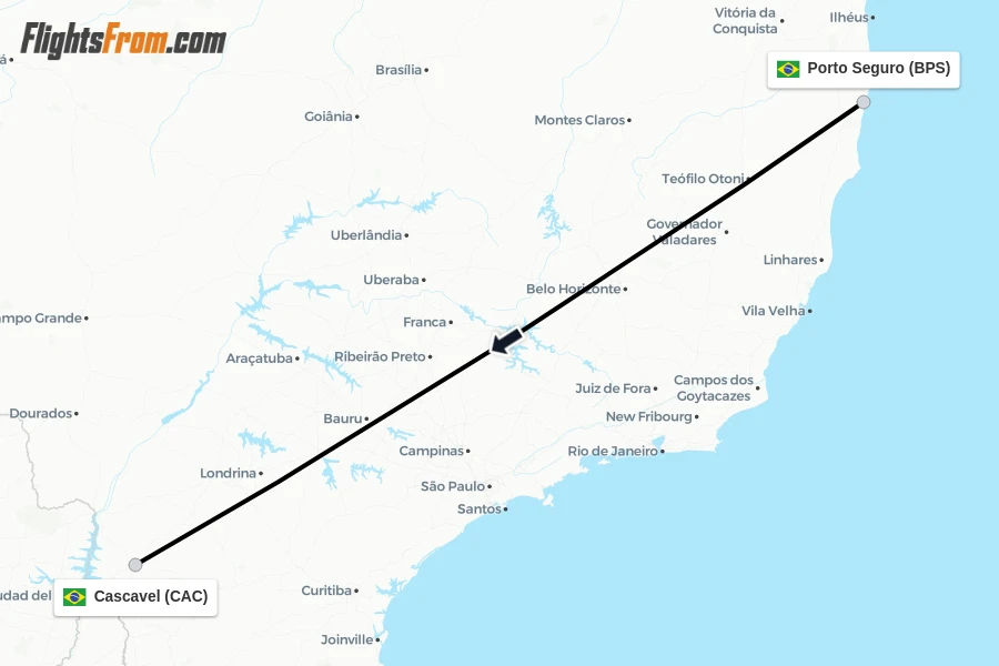 Flights from Porto Seguro to Cascavel route map