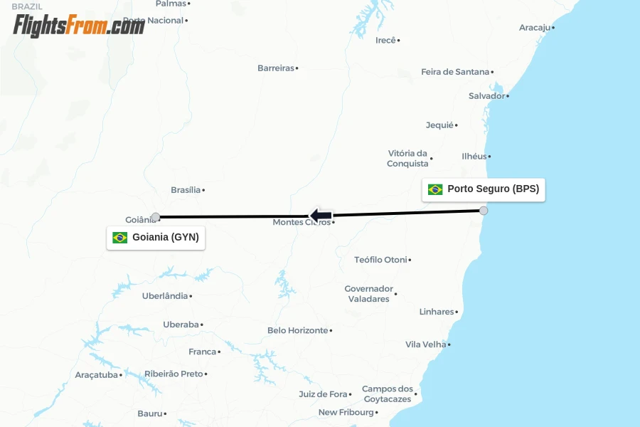 Flights from Porto Seguro to Goiania route map