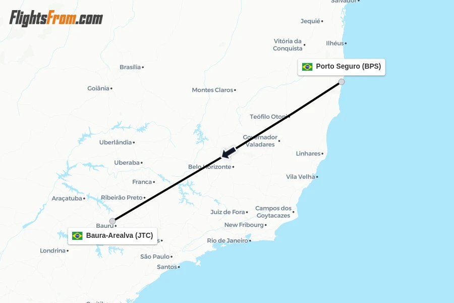 Flights from Porto Seguro to Baura-Arealva route map