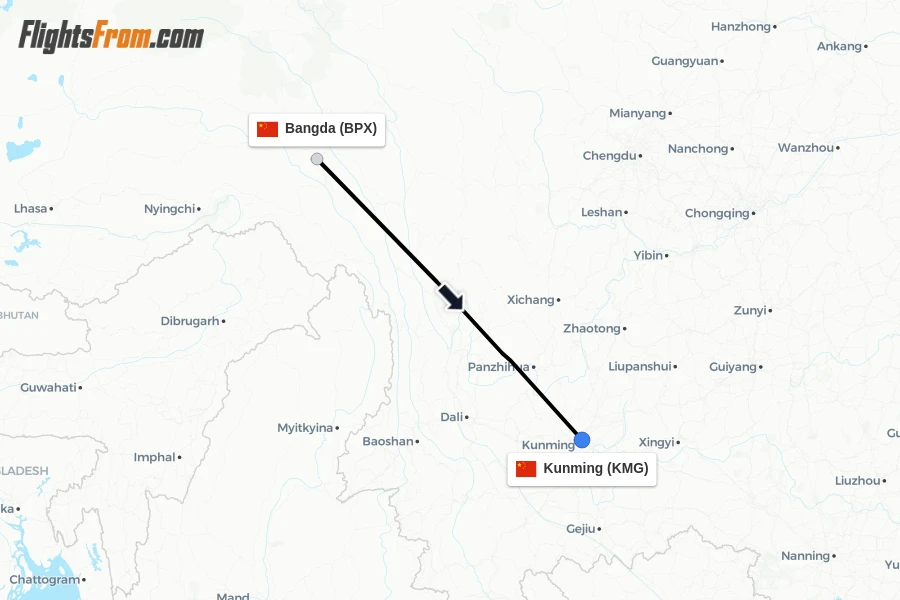 Flights from Bangda to Kunming route map