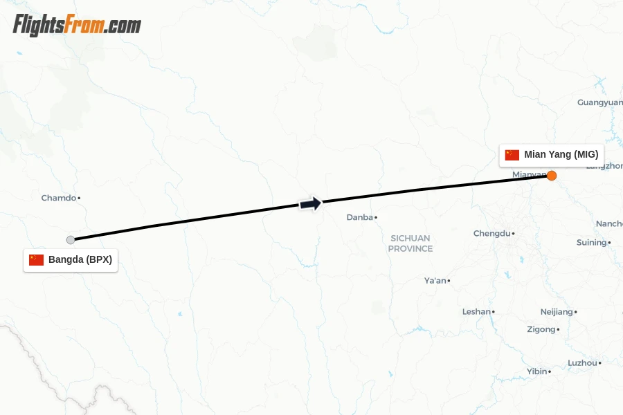 Flights from Bangda to Mian Yang route map