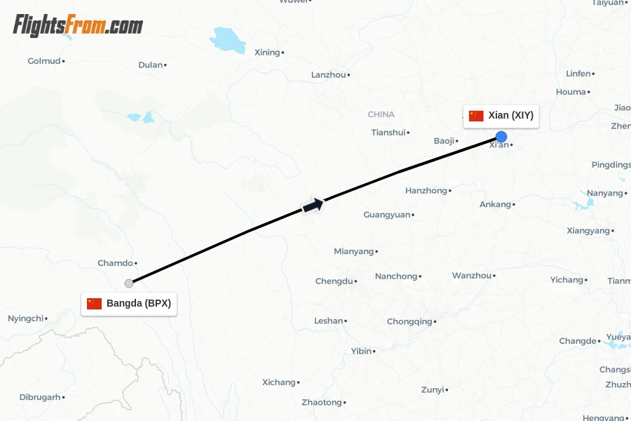 Flights from Bangda to Xian route map