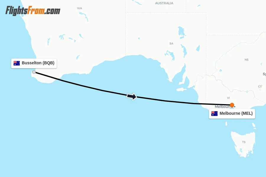 Flights from Busselton to Melbourne route map
